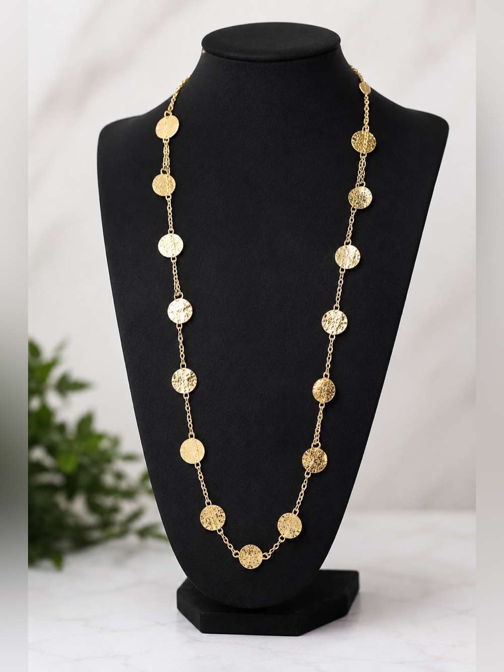 Vintage gold tone textured disc station necklace long layered necklace.